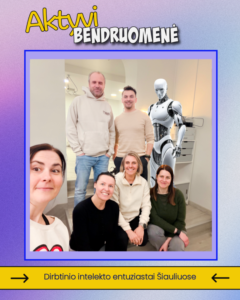 Grafika „Aktyvi bendruomenė“ su Šiaulių DI bendruomenės susitikimo dalyvių nuotrauka, 2026 m. vasaris